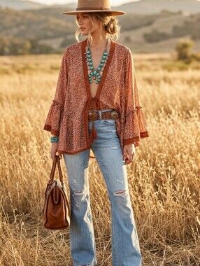 Free People Rust Floral Bell Sleeve Crochet Trim Tassel Tie Front Kimono Medium
